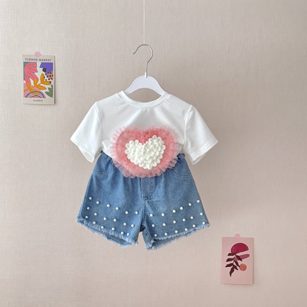 Toddler 2-Piece Dreamy Pink Heart Pearl Denim Set