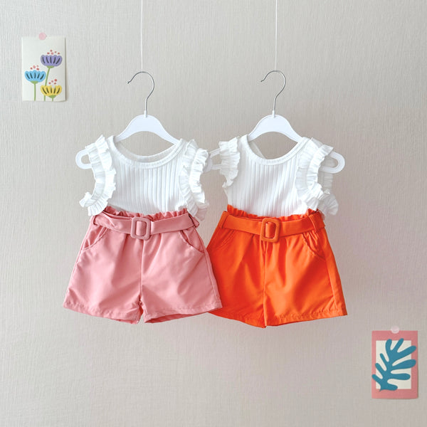 Toddler 2-Piece Simple Ruffle Sleeve and Belted Short Set